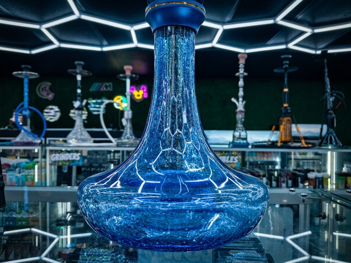Inside Cloud Smoke Shop — a blue crackle-glass hookah lit under the hexagonal LED ceiling, with backlit glass display cases behind it